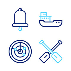 Set line Paddle, Radar with targets, Cargo ship and Ship bell icon. Vector