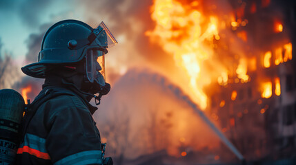 A lone firefighter stands ready before a raging building fire, engulfed in smoke and flames at twilight.
