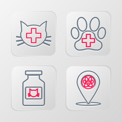 Set line Location veterinary, Cat medicine bottle, Veterinary clinic and icon. Vector