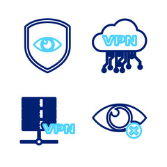 Set line Invisible or hide, Server VPN, Cloud interface and Shield and eye icon. Vector