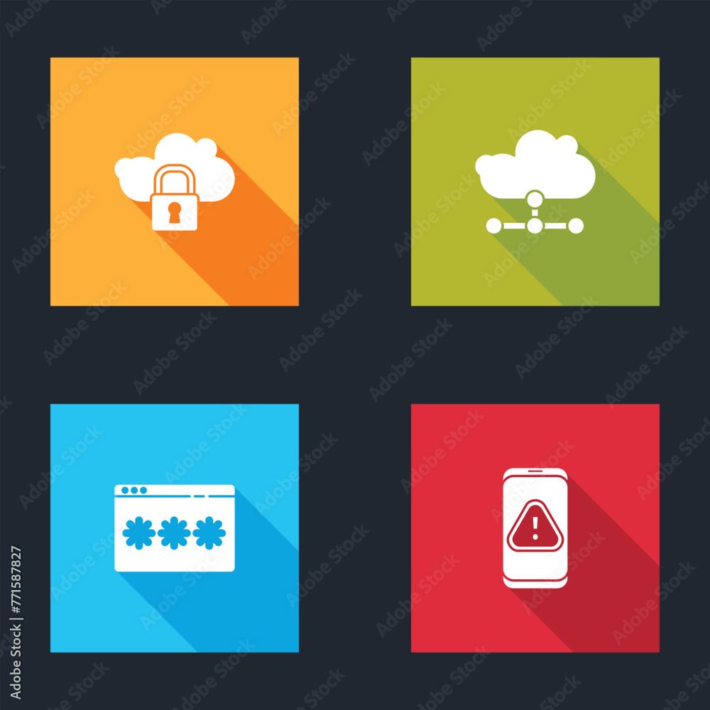 Poster set cloud computing lock, network cloud connection, password protection and mobile with exclamation 