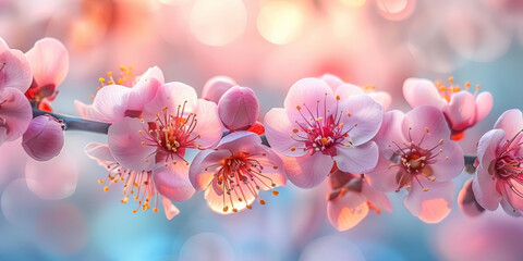 Beautiful Pink Flowers Blooming on Branch with Bokeh Background in Nature's Beauty