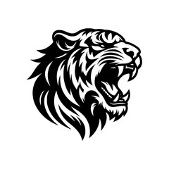 Vector logo of a roaring tiger. black and white illustration of a hissing big cat.