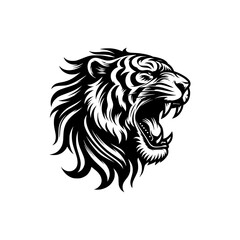 Vector logo of a roaring tiger. black and white illustration of a hissing big cat.