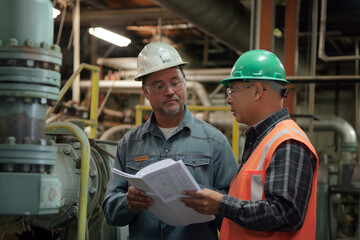 An engineer and worker collaborate in an industrial setting, discussing plans and inspecting machinery to ensure efficient operations.