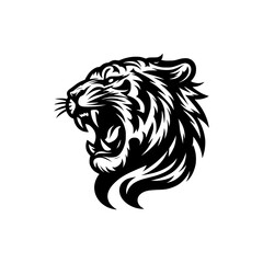 Vector logo of a roaring tiger. black and white illustration of a hissing big cat.