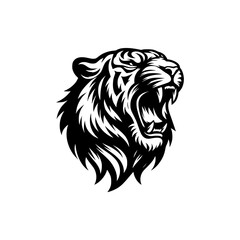 Vector logo of a roaring tiger. black and white illustration of a hissing big cat.