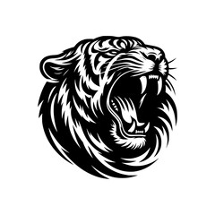 Vector logo of a roaring tiger. black and white illustration of a hissing big cat.