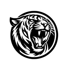 Vector logo of a roaring tiger. black and white illustration of a hissing big cat.
