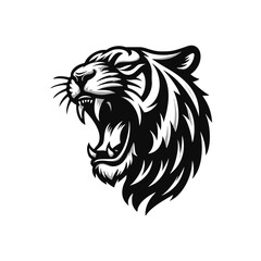 Vector logo of a roaring tiger. black and white illustration of a hissing big cat.