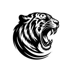 Vector logo of a roaring tiger. black and white illustration of a hissing big cat.