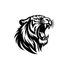 Vector logo of a roaring tiger. black and white illustration of a hissing big cat.