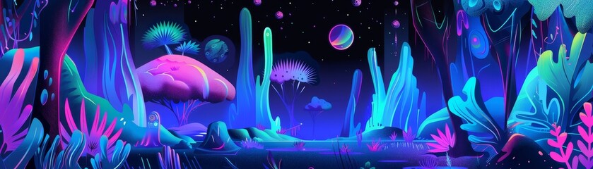 The impact of dark dimensions on alien world ecosystems, illustrating theoretical physics phenomena in vivid, extraterrestrial biomes , linear Vector illustration - obrazy, fototapety, plakaty