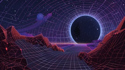 Visualizing the warping of spacetime by a dark dimension gateway on an alien planet, blending physics with cosmic mystery , linear Vector illustration - obrazy, fototapety, plakaty