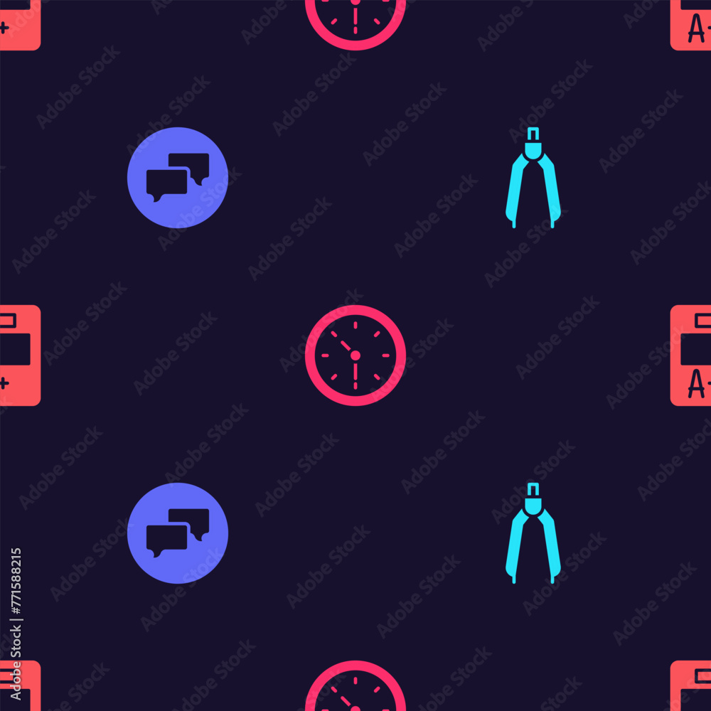Poster set drawing compass, speech bubble chat, clock and exam sheet with a plus grade on seamless pattern.