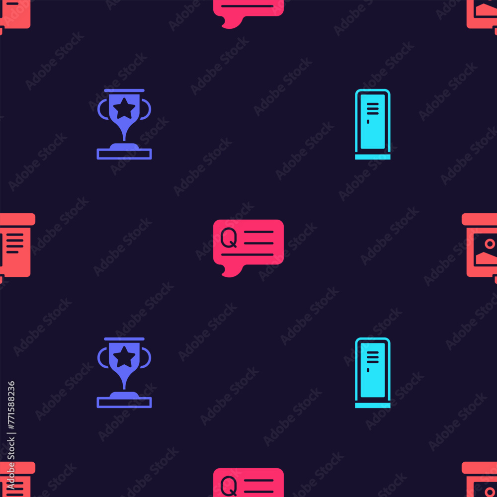 Poster set locker or changing room, award cup, speech bubbles with question and projection screen on seamle