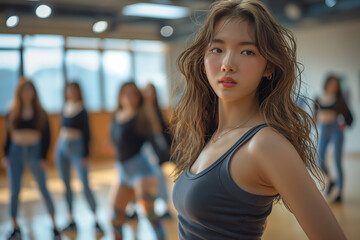 K-POP idol trainees practicing dance in the dance practice room, The practice room has a wooden floor, There are five of them, all young women in their teens, They are all Korean, have pretty faces a
