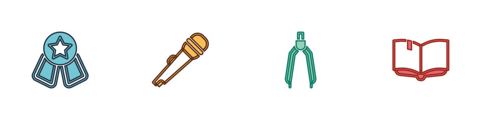 Set Medal with star, Microphone, Drawing compass and Open book icon. Vector
