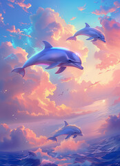 Surreal Dolphins Soaring in a Dreamy Pink Sunset Sky
