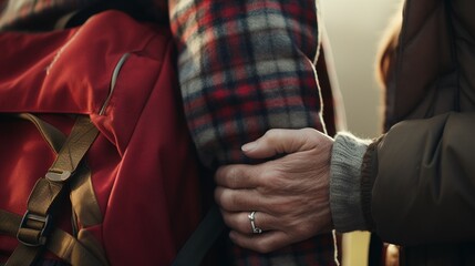 A closeup of an aged couple hands intertwined, holding a worn backpack, symbolizing enduring love and travel.
