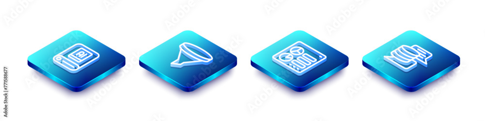 Poster set isometric line artificial intelligence ai, funnel or filter, computer api interface and server, 