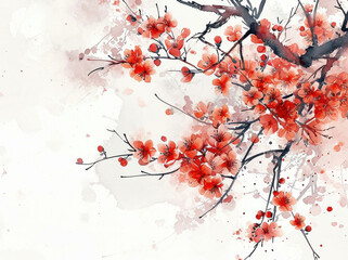 Beautiful Red Cherry Blossom Watercolor Painting on White Background with Copy Space for Text