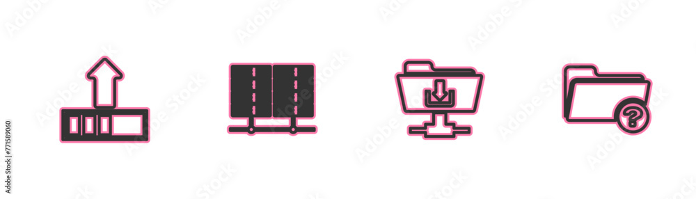 Poster set line loading, ftp folder download, server, data, web hosting and unknown directory icon. vector