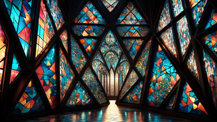 Fashion an abstract background reminiscent of stained glass windows, with triangles forming intricate patterns