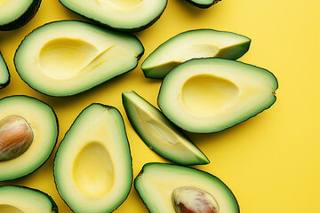 Fresh ripe avocados on bright yellow background, top view arrangement of healthy green fruits, flat lay style, vibrant colors