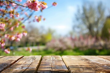 Wooden table, blurry spring landscape in the background.