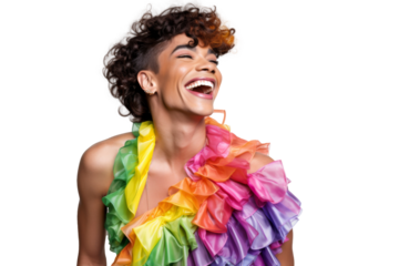 Portrait shot of Young joyful Gay man with colorful lgbt dress isolated on transparent background, Gay transgender smile and posing with trendy lifestyle.