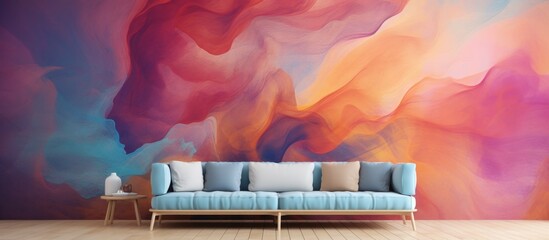 A house with a cozy living room featuring a couch, colorful wall mural, picture frames, art, and musical instruments. The vibrant magenta and electric blue accents complement the hardwood flooring - obrazy, fototapety, plakaty