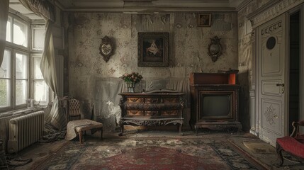 Fototapeta na wymiar Old room with baroque wallpaper.