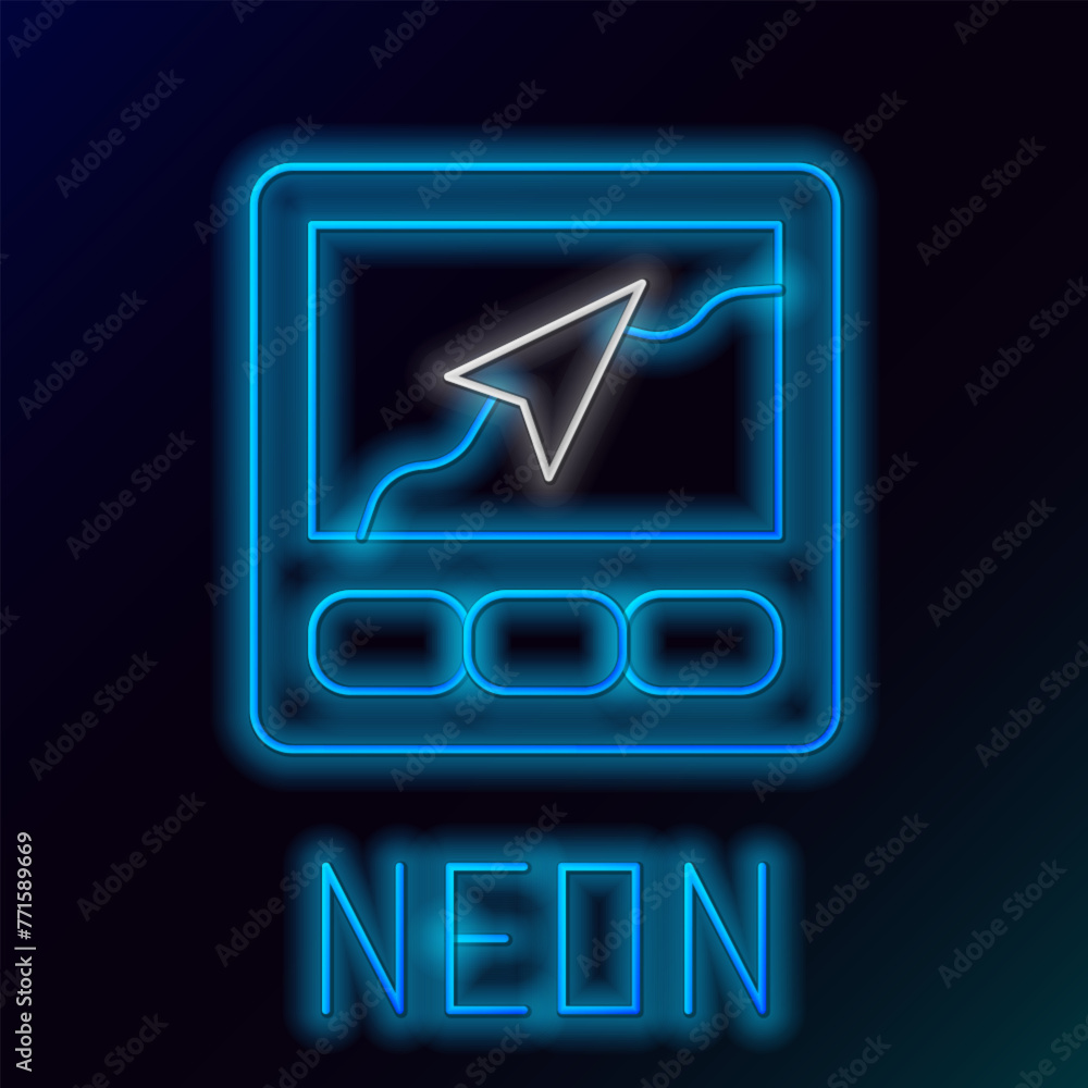 Poster glowing neon line gps device with map icon isolated on black background. colorful outline concept. v