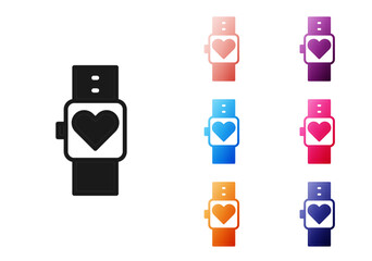 Black Smart watch showing heart beat rate icon isolated on white background. Fitness App concept. Set icons colorful. Vector