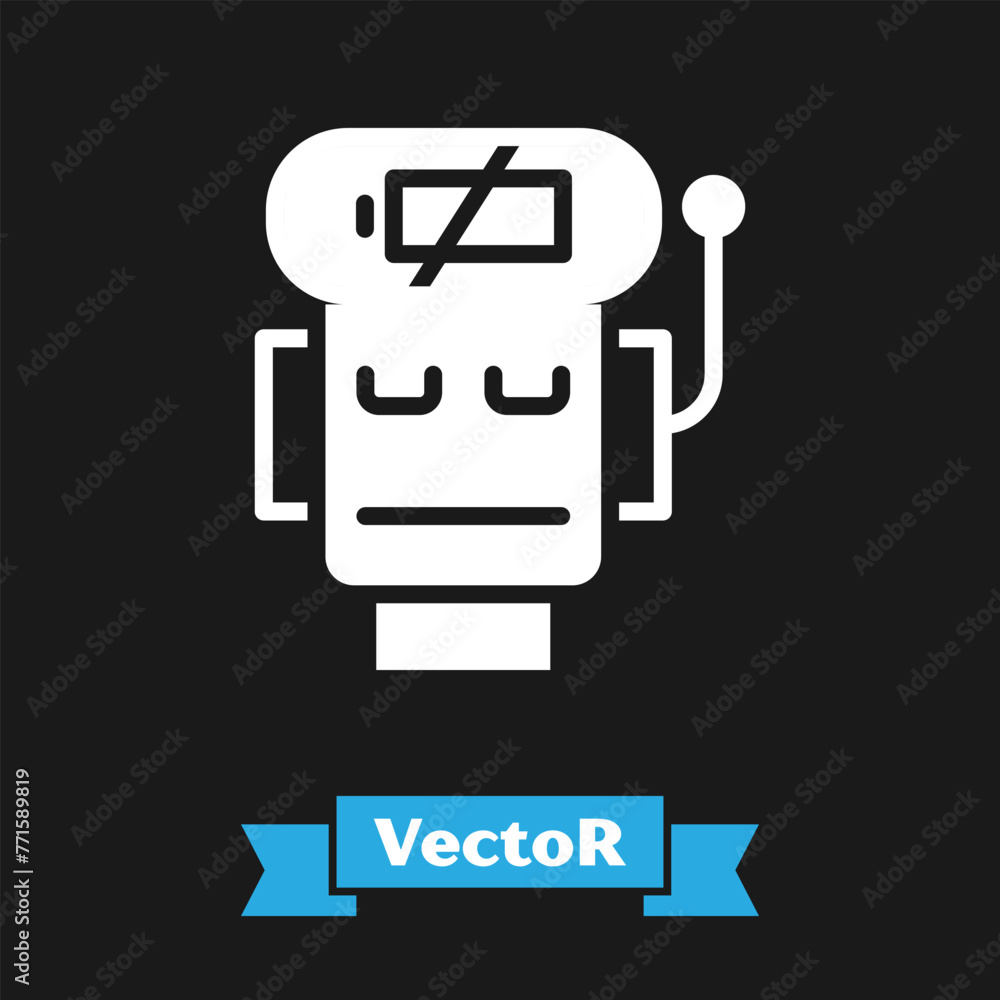 Poster white robot low battery charge icon isolated on black background. artificial intelligence, machine l