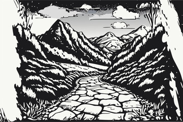 Field landscape pencil drawing. A trail to the mountains hand drawn wallpaper