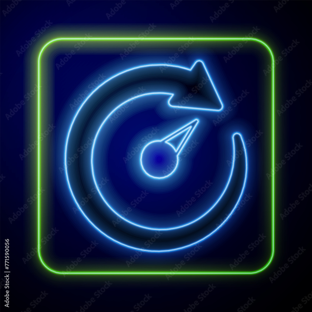 Poster glowing neon digital speed meter icon isolated on blue background. global network high speed connect