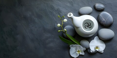 Zen-inspired arrangement featuring a white ceramic Neti pot, OM symbol, zen stones, and an orchid...