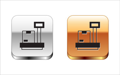 Black Scale with cardboard box icon isolated on white background. Logistic and delivery. Weight of delivery package on a scale. Silver and gold square buttons. Vector