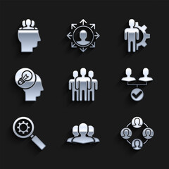 Set Users group, Project team base, Magnifying glass and gear, Human head with lamp bulb, inside and icon. Vector