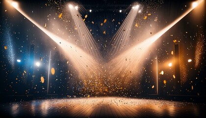 Vibrant Spectacle: Stage Aglow with Lights and Confetti Shower - obrazy, fototapety, plakaty