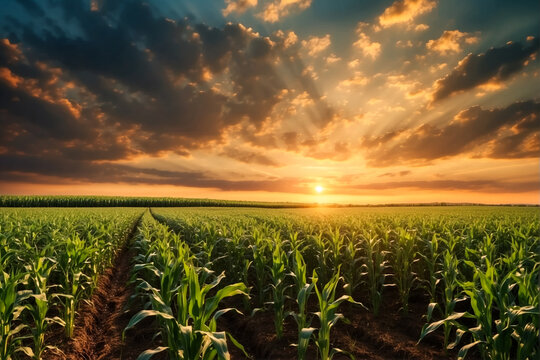 Paisagem encantadora de uma planta&ccedil;&atilde;o de milho ao entardecer, lindo p&ocirc;r do sol com o c&eacute;u adornado por nuvens intensas