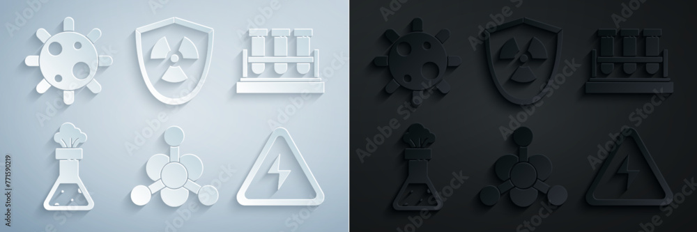 Poster set bacteria, test tube and flask chemical, high voltage sign, radioactive in shield and icon. vecto