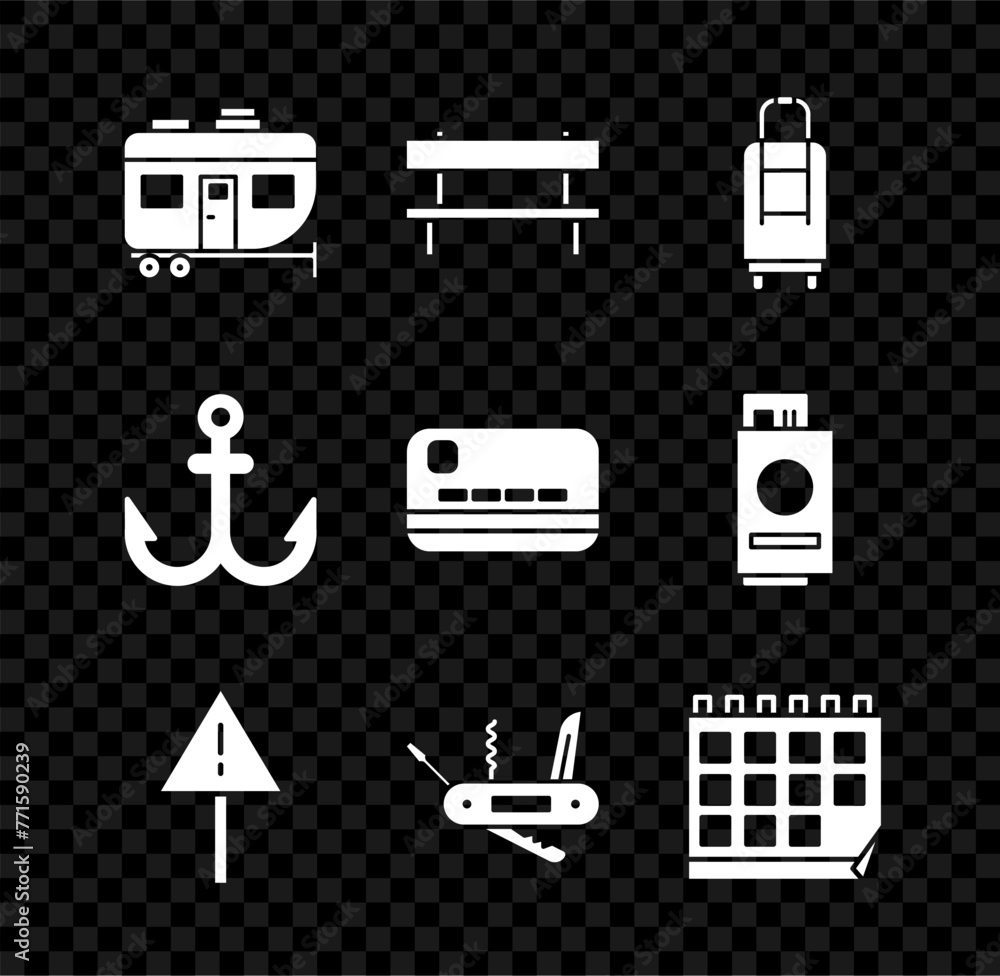 Sticker Set Rv Camping trailer, Bench, Suitcase, Exclamation mark triangle, Swiss army knife, Calendar, Anchor and Credit card icon. Vector