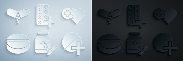 Set Medicine bottle and pills, Heart with cross, or tablet, Pills blister pack and icon. Vector - obrazy, fototapety, plakaty