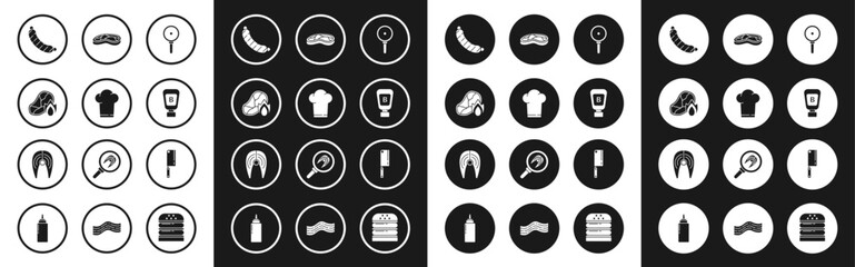 Set Frying pan, Chef hat, Grilled steak meat and fire flame, Sausage, Sauce bottle, Steak, Meat chopper and Fish icon. Vector