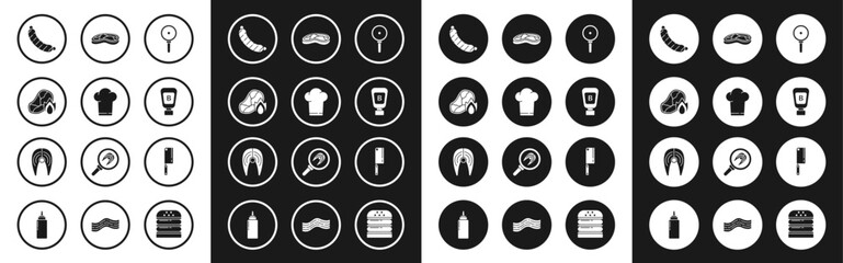 Set Frying pan, Chef hat, Grilled steak meat and fire flame, Sausage, Sauce bottle, Steak, Meat chopper and Fish icon. Vector