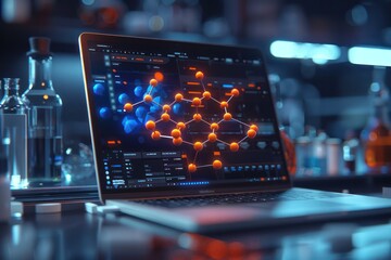 Indicating the integration of technology in scientific analysis, a researcher's laptop screen displays a detailed molecular structure model in a laboratory setting. - obrazy, fototapety, plakaty