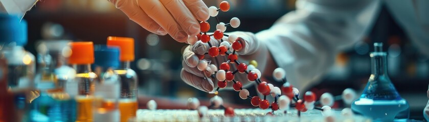 Demonstrating the precision of medication preparation, a scientist carefully organizes a variety of colorful capsules in a pharmaceutical lab. - obrazy, fototapety, plakaty